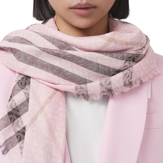 라이트 모노그램 체크 울 실크 스카프 앨러배스터 핑크