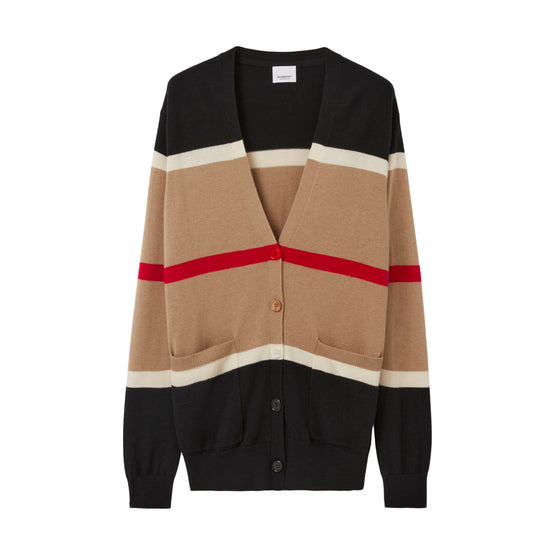 스트라이프 캐시미어 실크 카디건 카멜