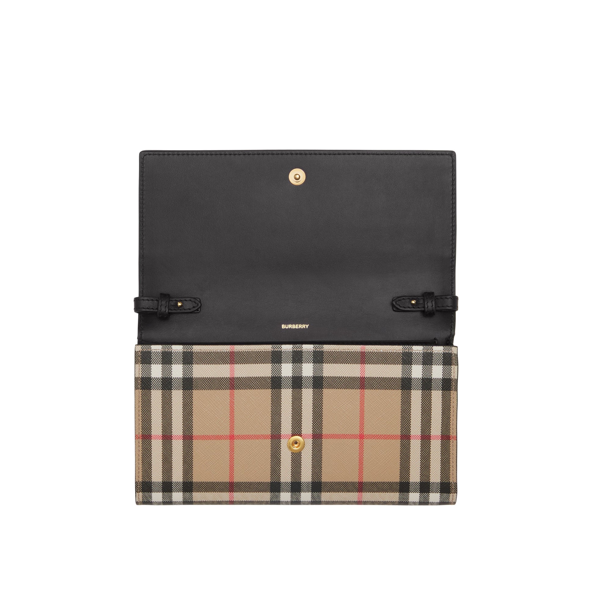 디태처블 스트랩 체크 레더 지갑 아카이브 베이지/블랙