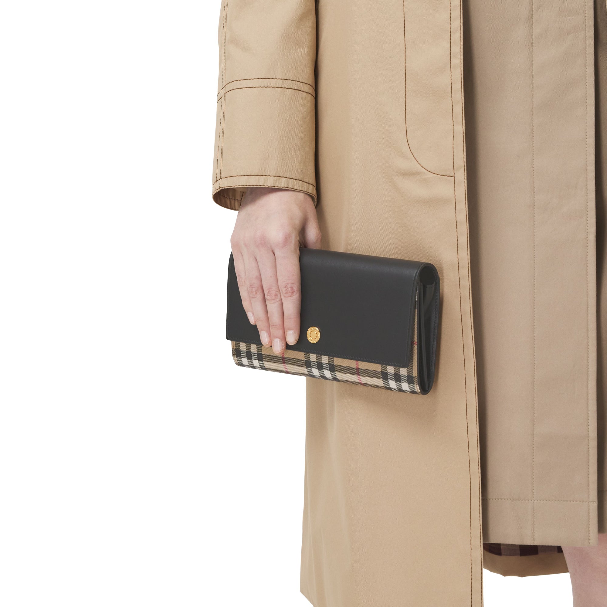 디태처블 스트랩 체크 레더 지갑 아카이브 베이지/블랙