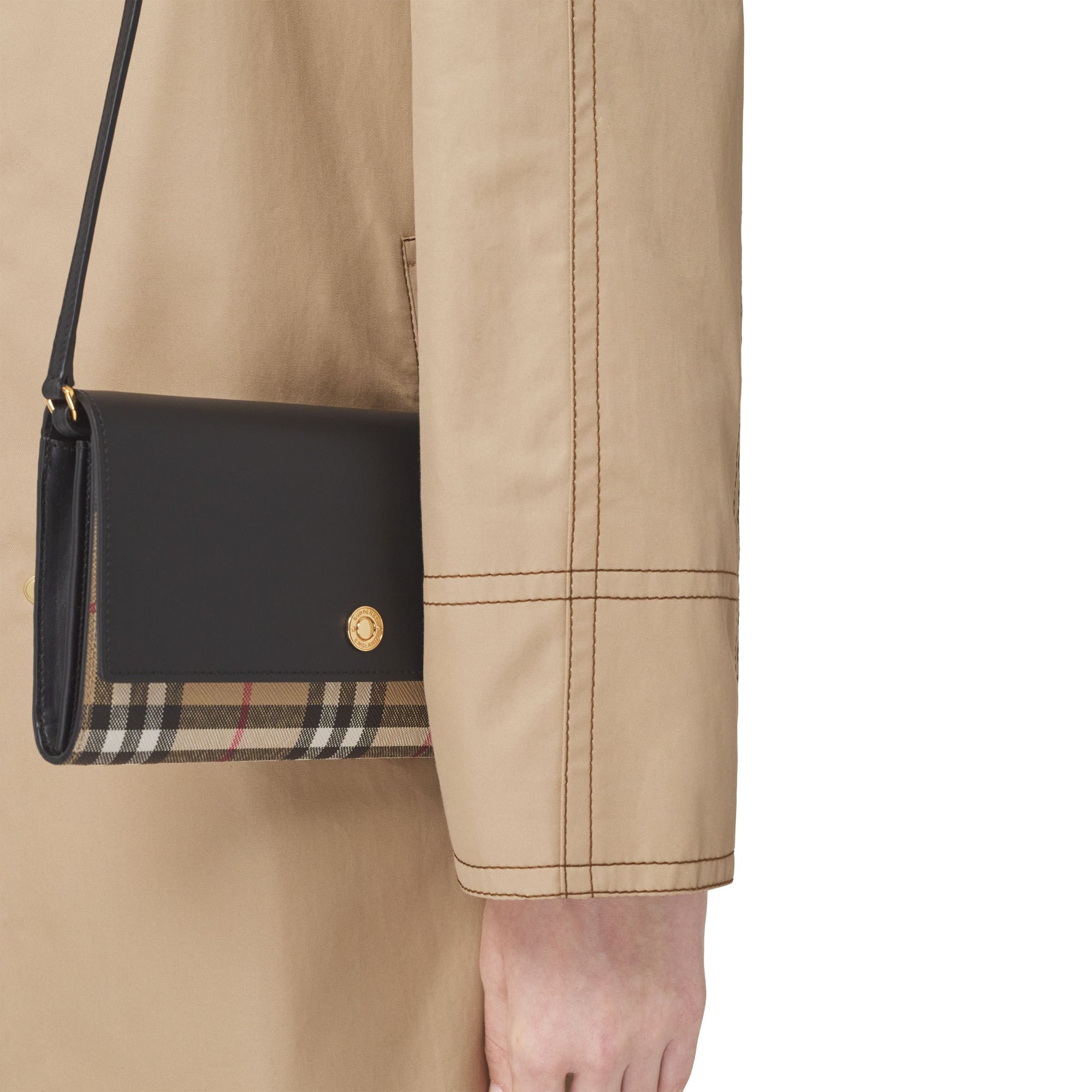 디태처블 스트랩 체크 레더 지갑 아카이브 베이지/블랙