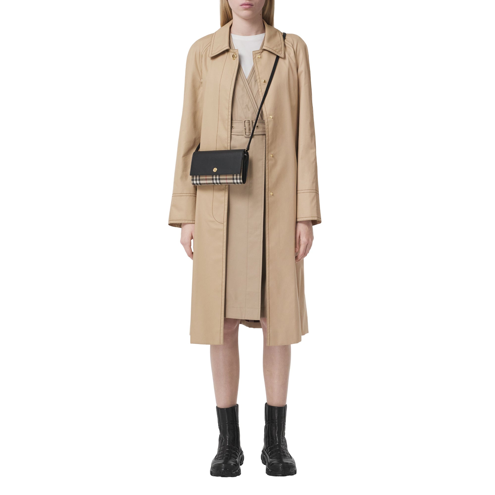 디태처블 스트랩 체크 레더 지갑 아카이브 베이지/블랙