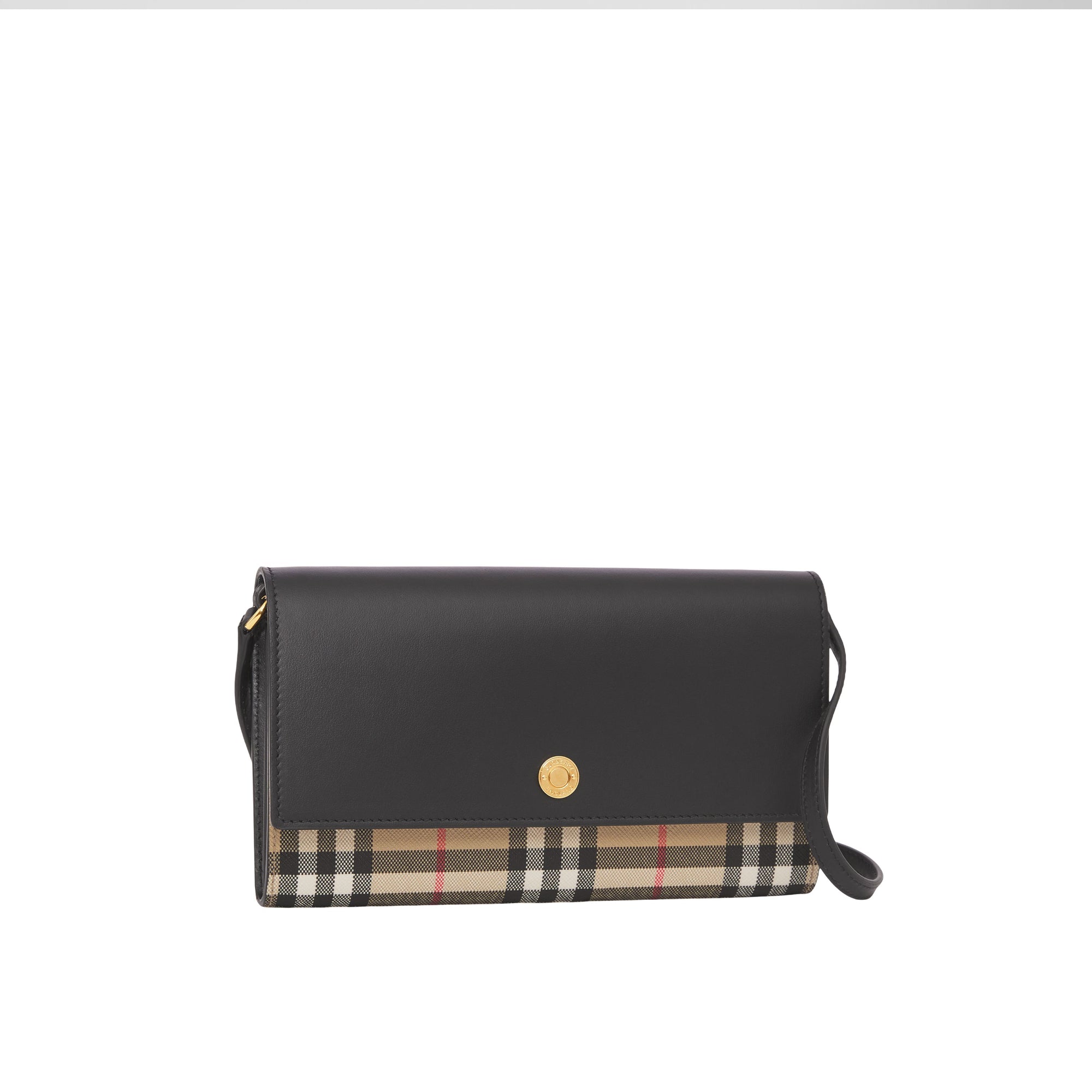 디태처블 스트랩 체크 레더 지갑 아카이브 베이지/블랙