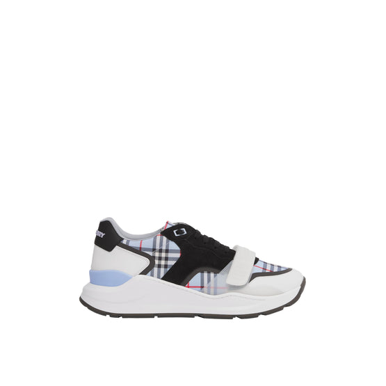 체크 나일론 레더 스웨이드 스니커즈 페일 블루