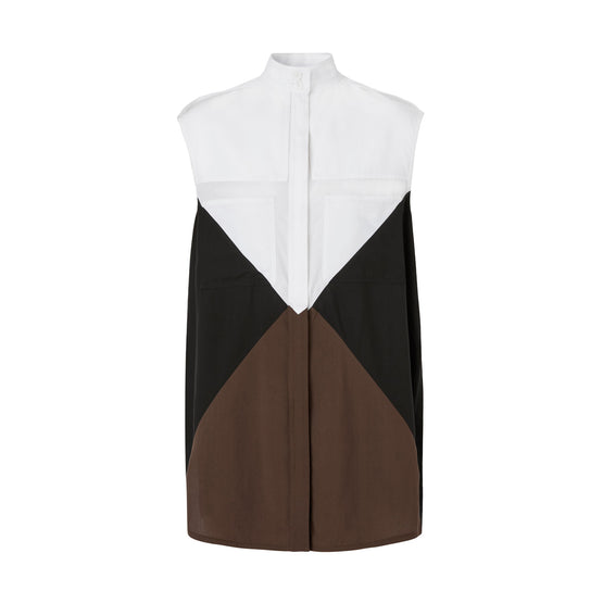 케이프 디테일 지오메트릭 인타르시아 슬리브리스 셔츠 쿨 화이트