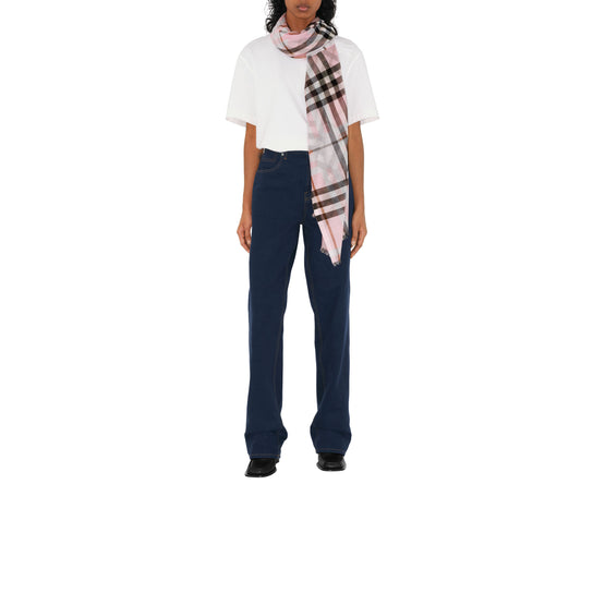 체크 울 실크 스카프 페일 캔디 핑크