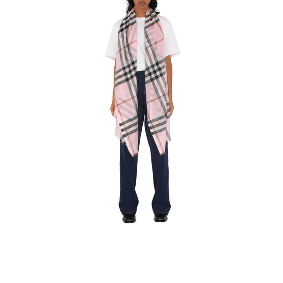 체크 울 실크 스카프 페일 캔디 핑크