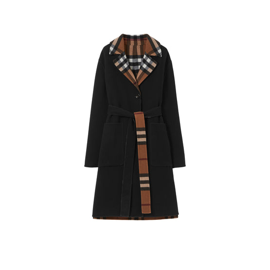 리버시블 체크 울 코트 버치 브라운