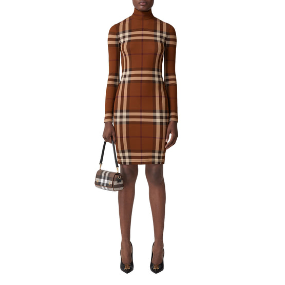 체크 스트레치 저지 퍼넬넥 드레스 다크 버치 브라운