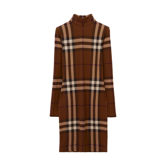 체크 스트레치 저지 퍼넬넥 드레스 다크 버치 브라운