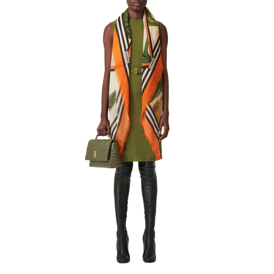 보타니컬 스케치 프린트 울 실크 스퀘어 스카프 브라이트 오렌지