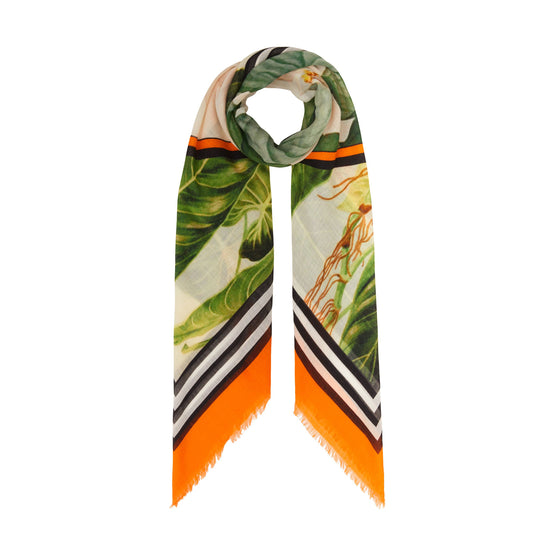 보타니컬 스케치 프린트 울 실크 스퀘어 스카프 브라이트 오렌지
