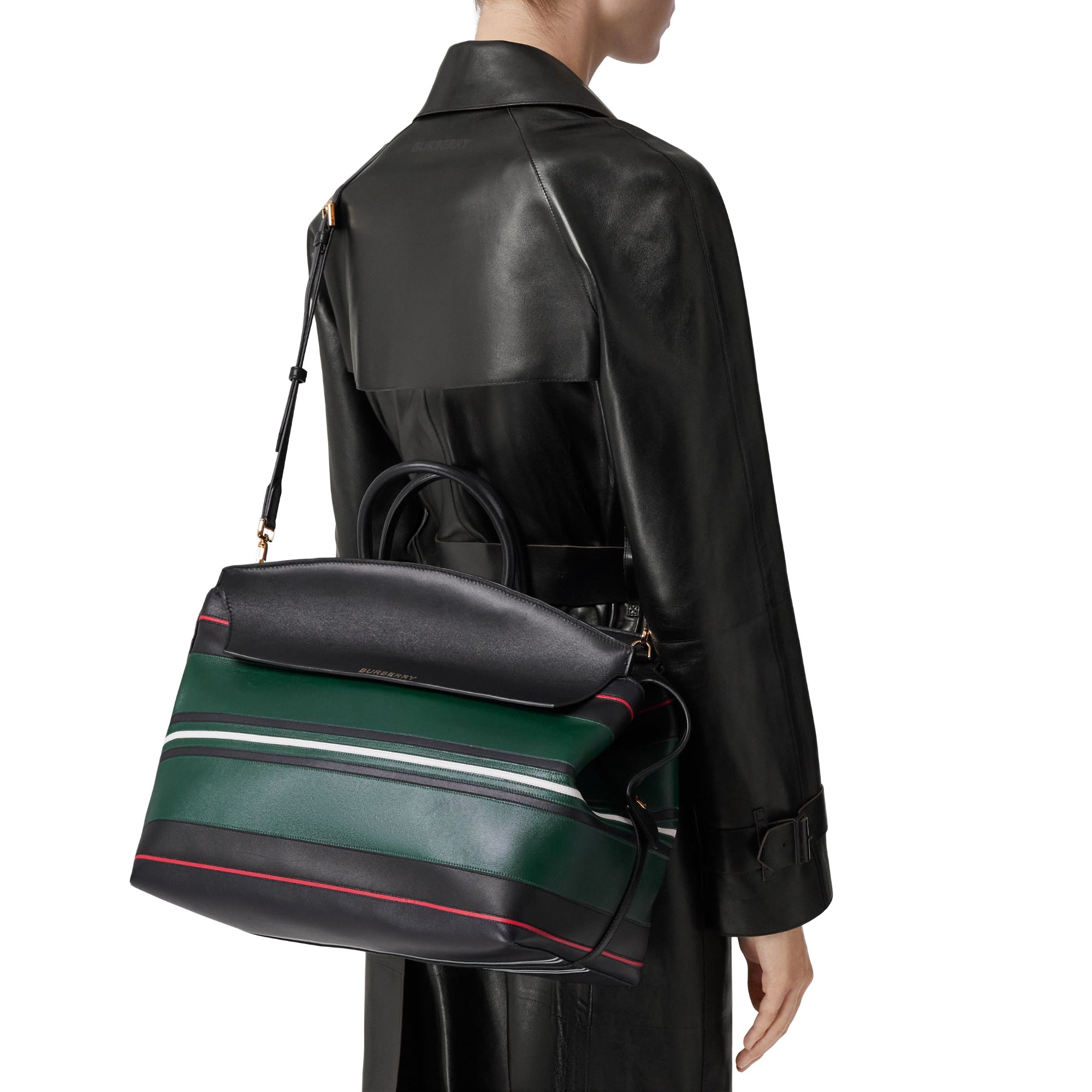 스트라이프 디테일 레더 라지 캐서린 백 다크 비리디언 그린