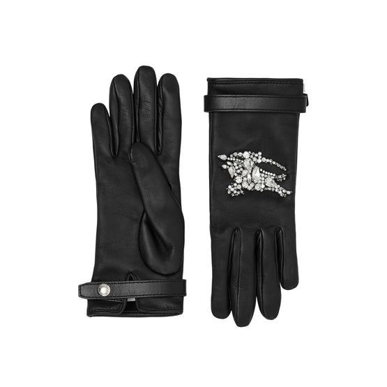 크리스털 이퀘스트리안 나이트 디자인 레더 장갑 블랙