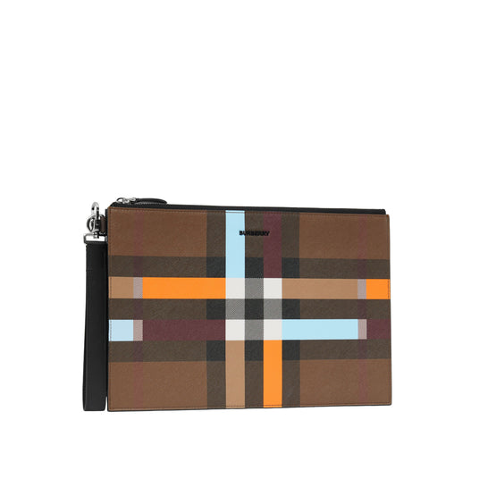컬러 블록 체크 지퍼 파우치 다크 버치 브라운