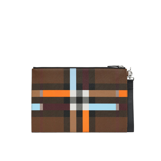 컬러 블록 체크 지퍼 파우치 다크 버치 브라운