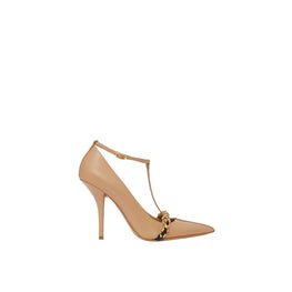 체인 트리밍 레더 포인트 토 펌프스 쿨 베이지