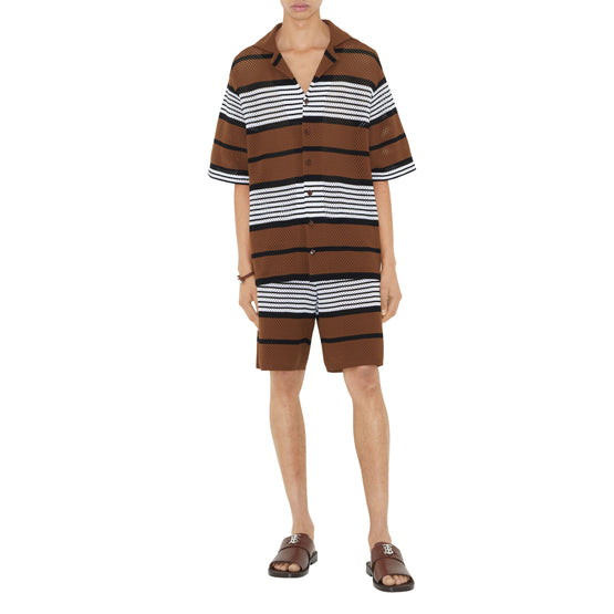 쇼트 슬리브 스트라이프 프린트 나일론 오버사이즈 셔츠 다크 버치 브라운
