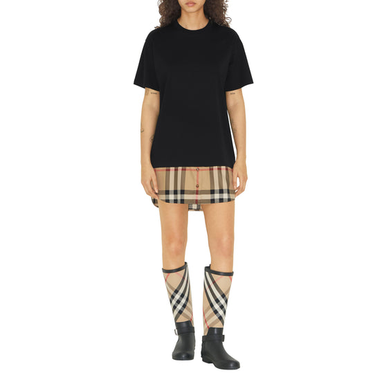 체크 패널 코튼 티셔츠 드레스 블랙