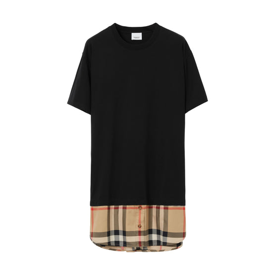 체크 패널 코튼 티셔츠 드레스 블랙