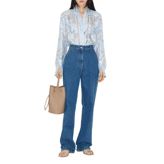 스태츄 프린트 실크 셔츠 페일 블루