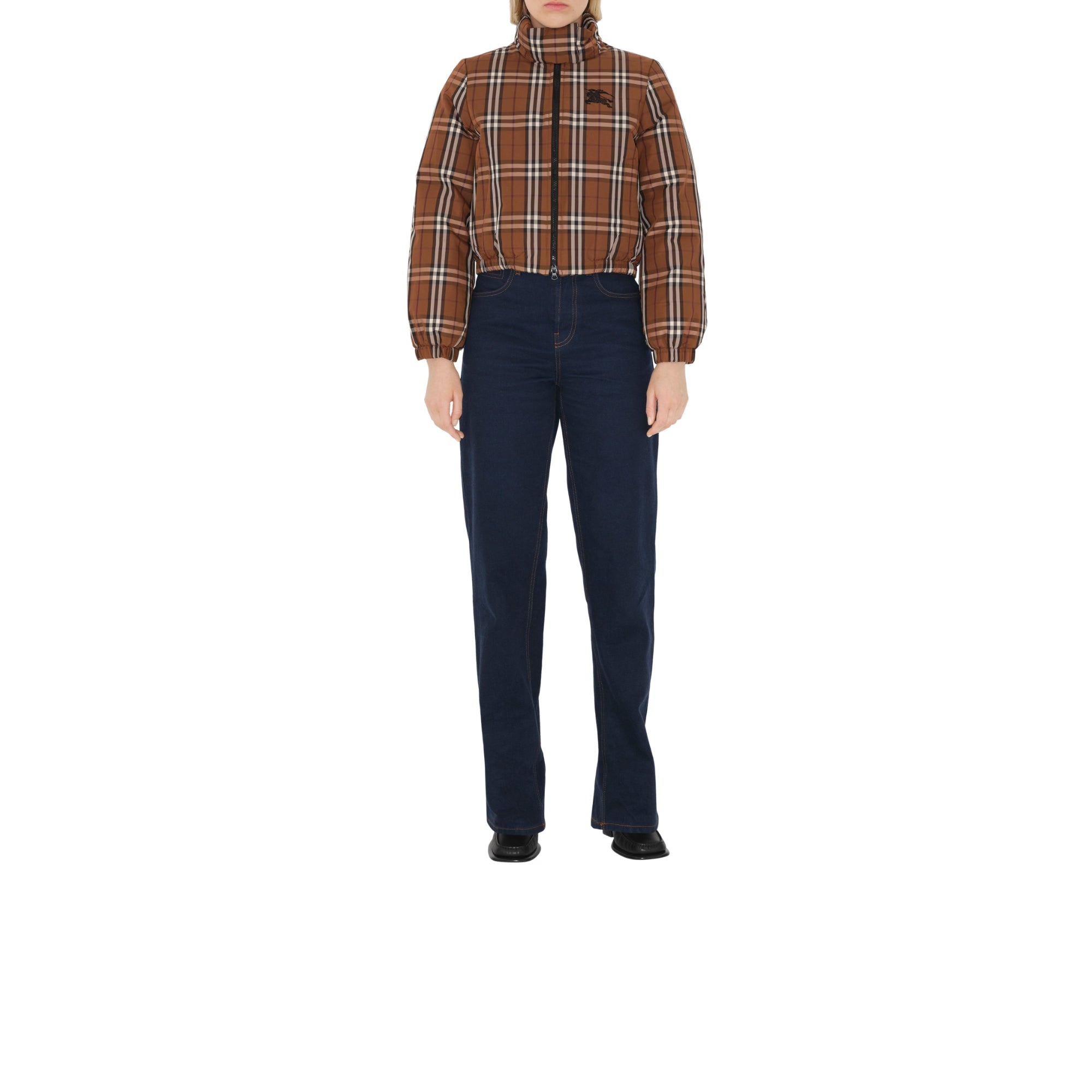 크롭 체크 나일론 퍼퍼 재킷 다크 버치 브라운