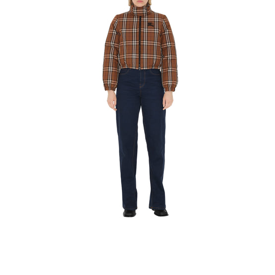 크롭 체크 나일론 퍼퍼 재킷 다크 버치 브라운