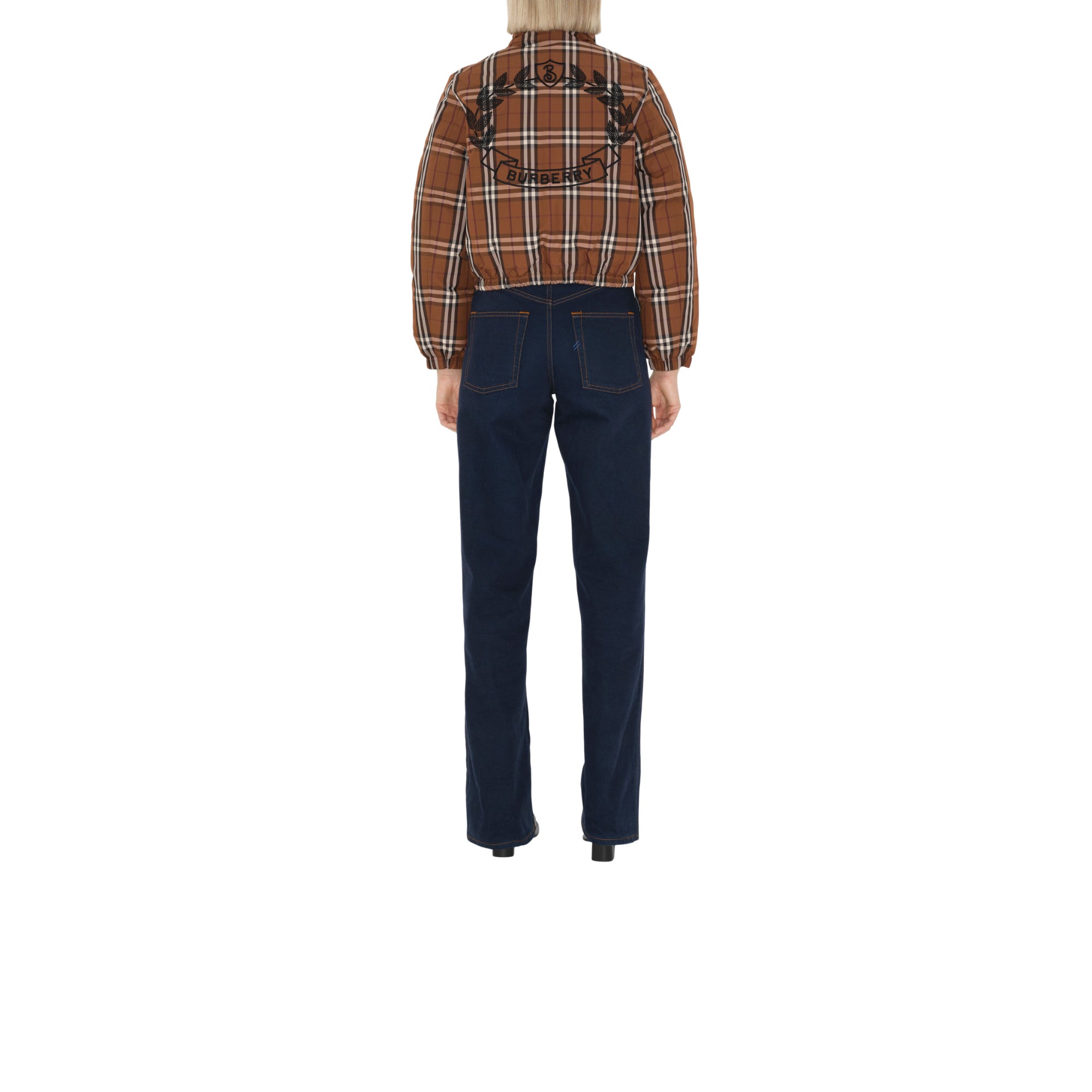 크롭 체크 나일론 퍼퍼 재킷 다크 버치 브라운