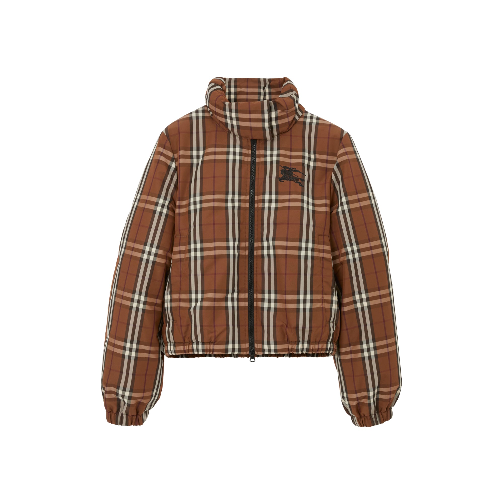 크롭 체크 나일론 퍼퍼 재킷 다크 버치 브라운