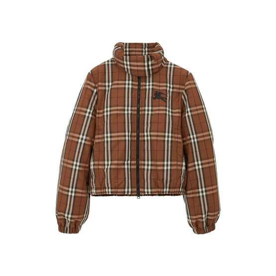크롭 체크 나일론 퍼퍼 재킷 다크 버치 브라운