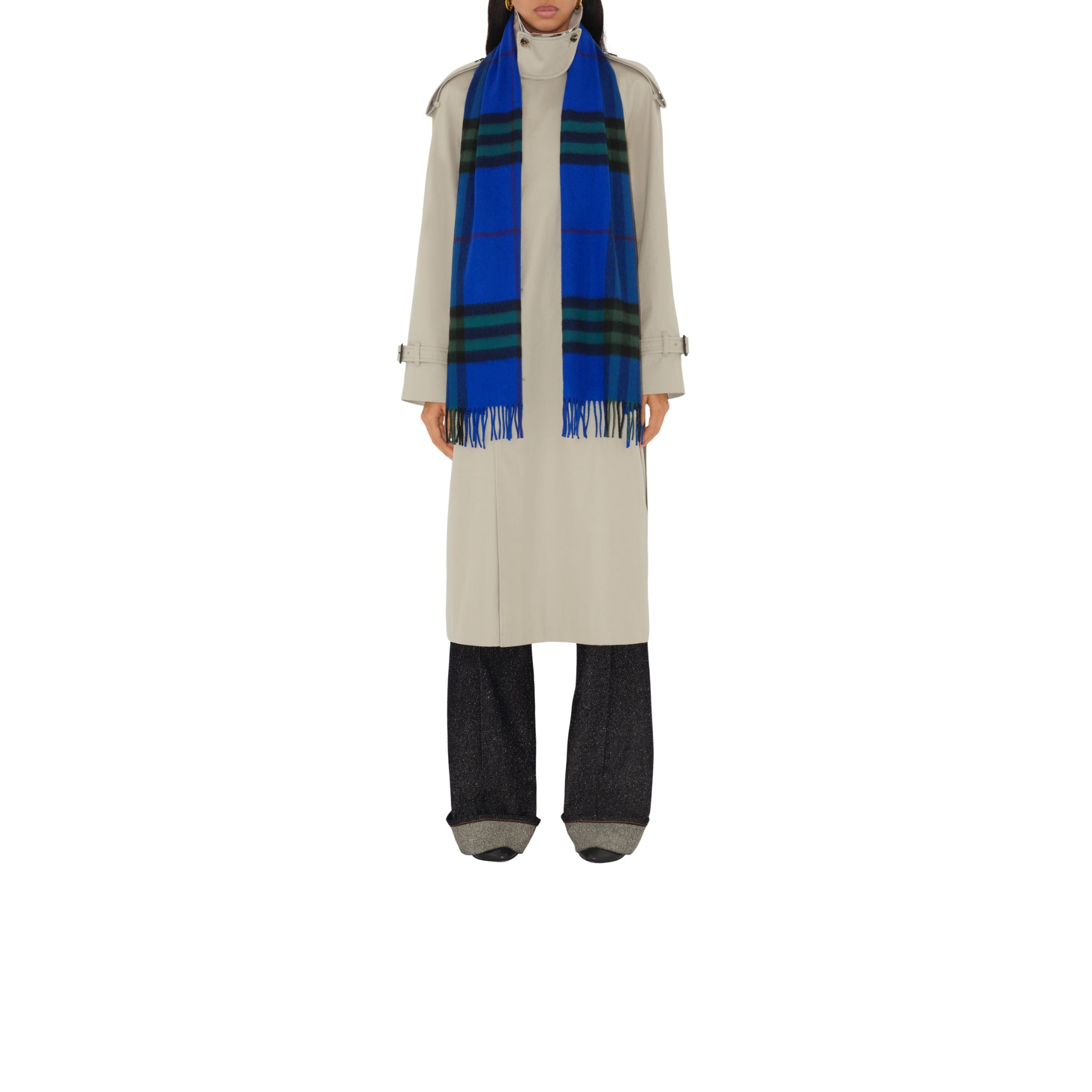 체크 캐시미어 스카프 나이트/아이비