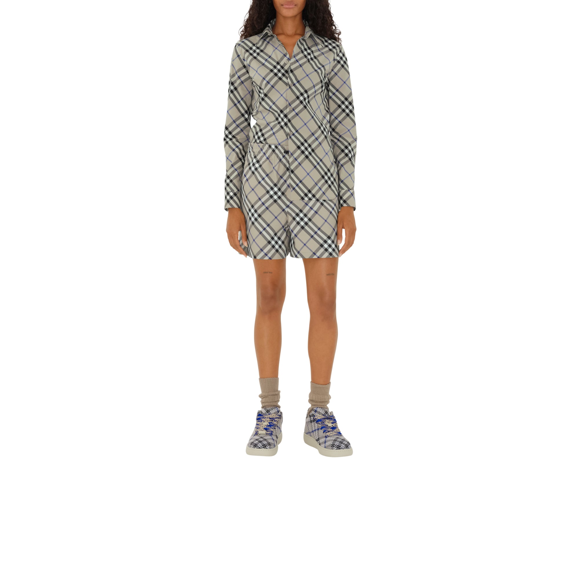 슬림핏 체크 코튼 셔츠 라이큰