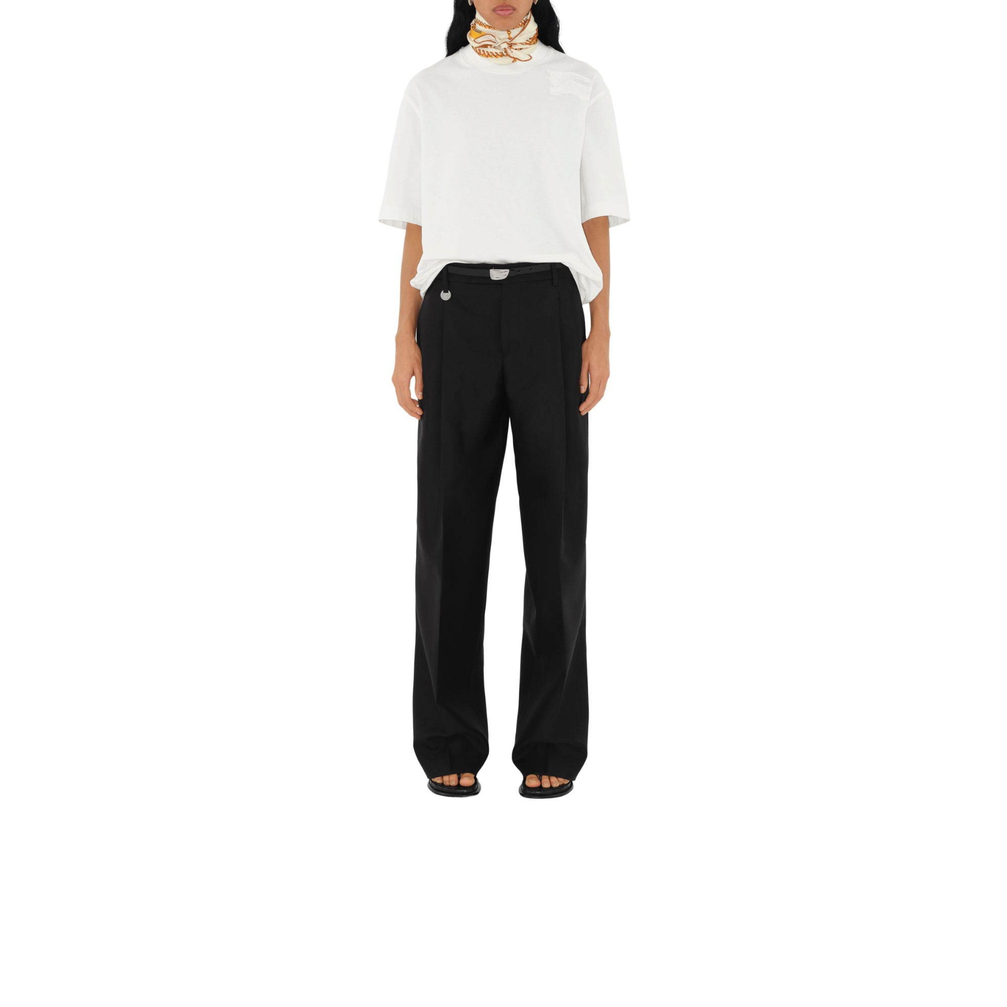 체인 체크 실크 스카프 골드