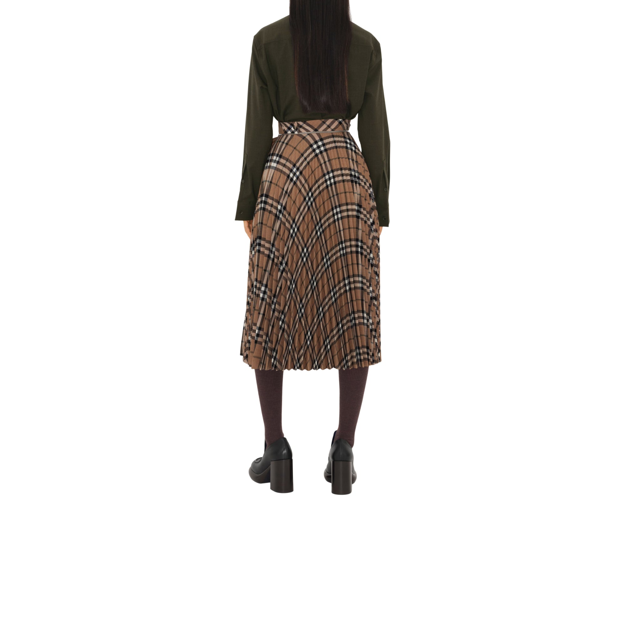 플리츠 체크 울 블렌드 미디 스커트 린든