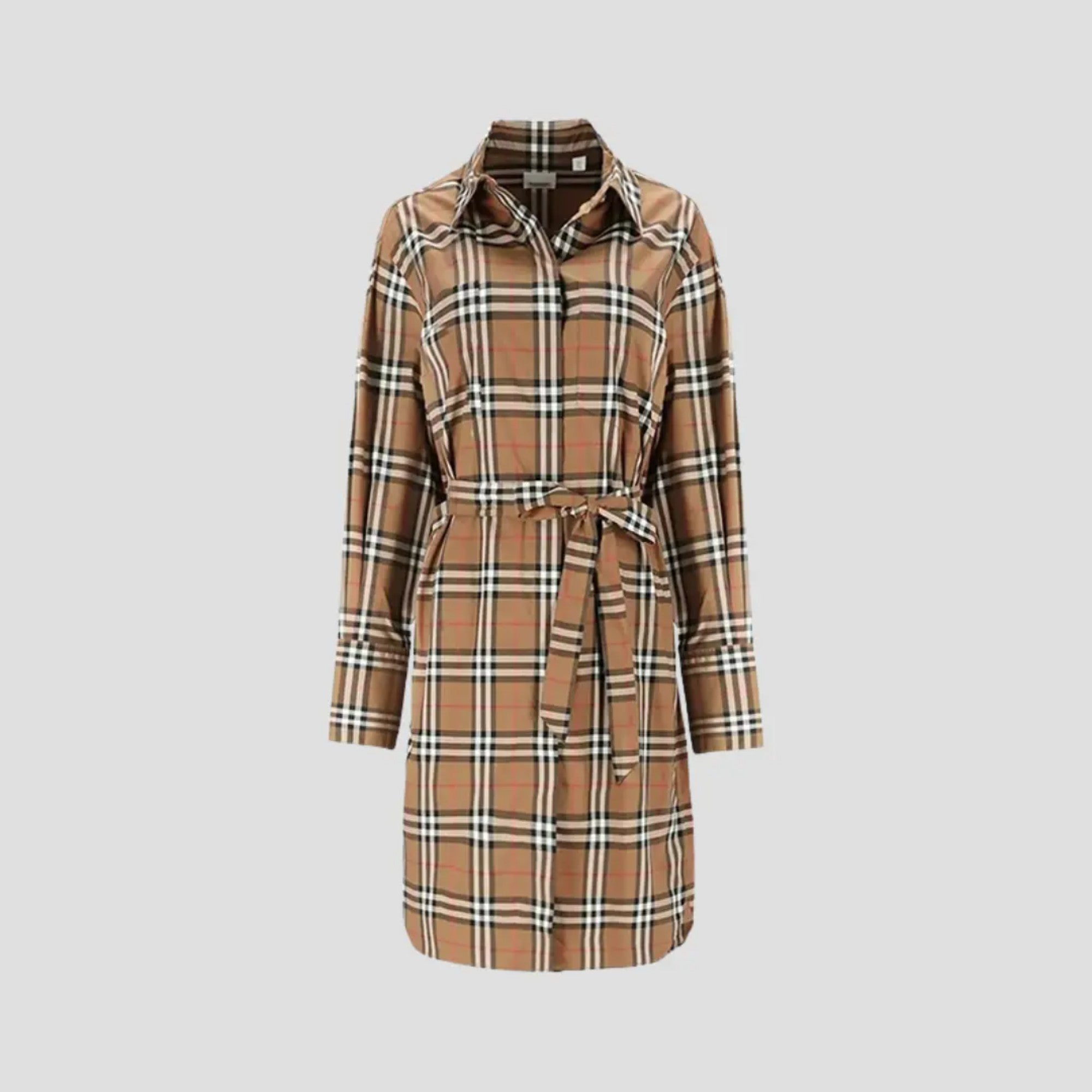 체크 스트레치 코튼 셔츠 드레스 토프 브라운