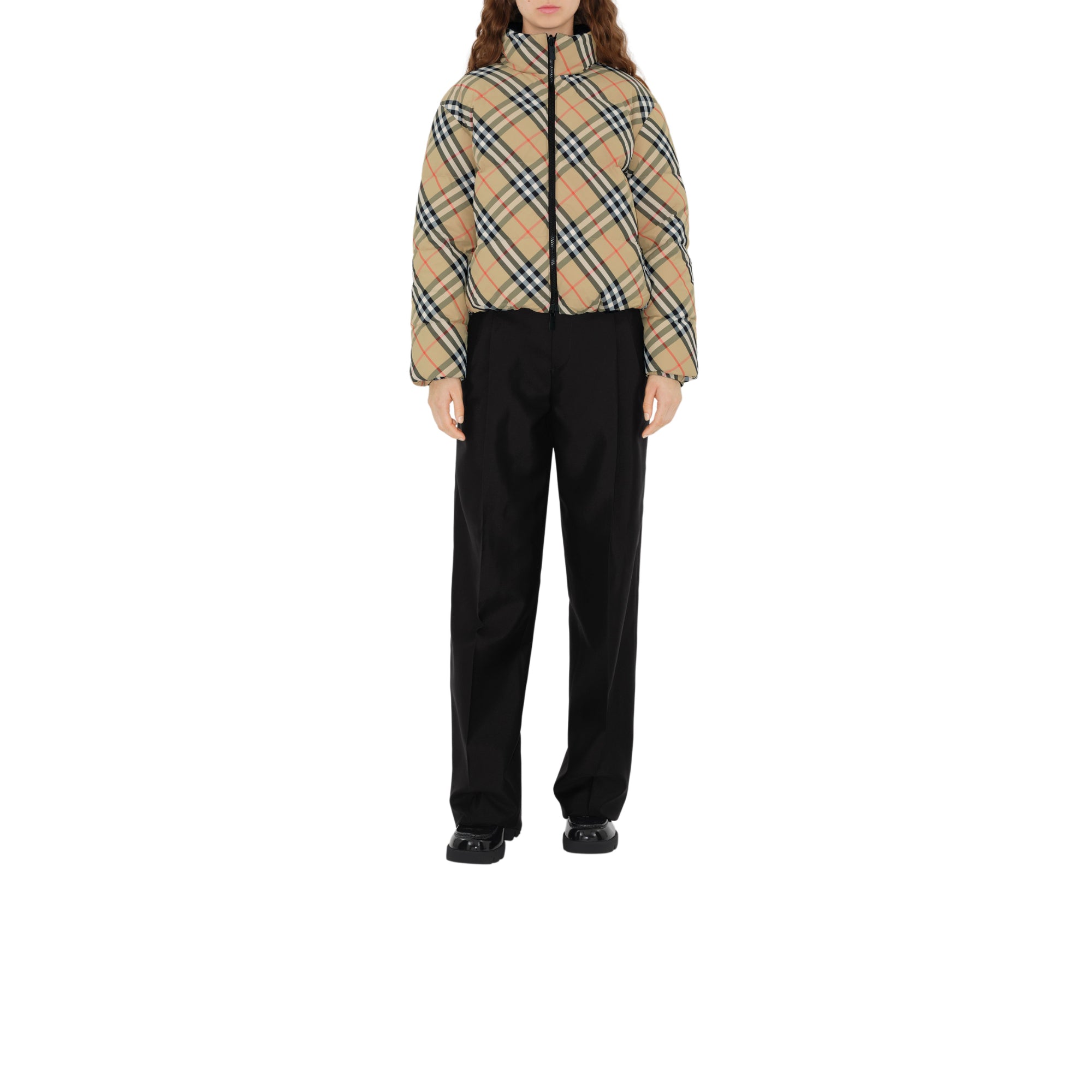 리버시블 체크 나일론 퍼퍼 재킷 샌드