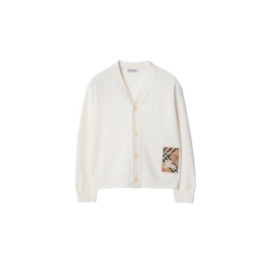 체크 라벨 울 카디건 아이보리