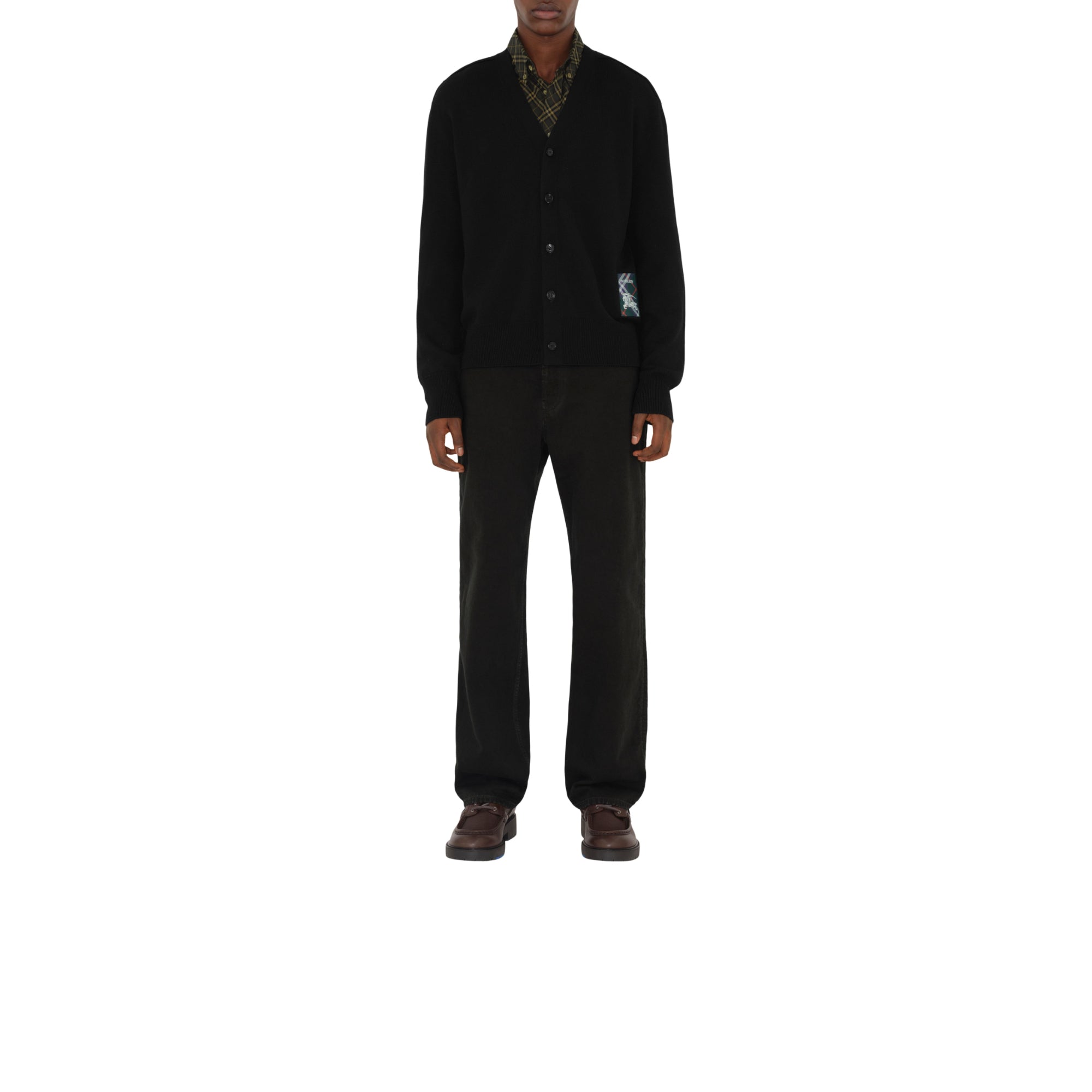 체크 라벨 울 카디건 블랙