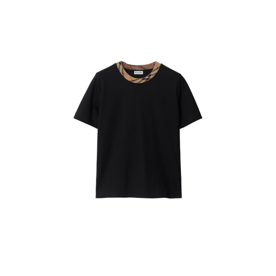 체크 트리밍 코튼 티셔츠 블랙